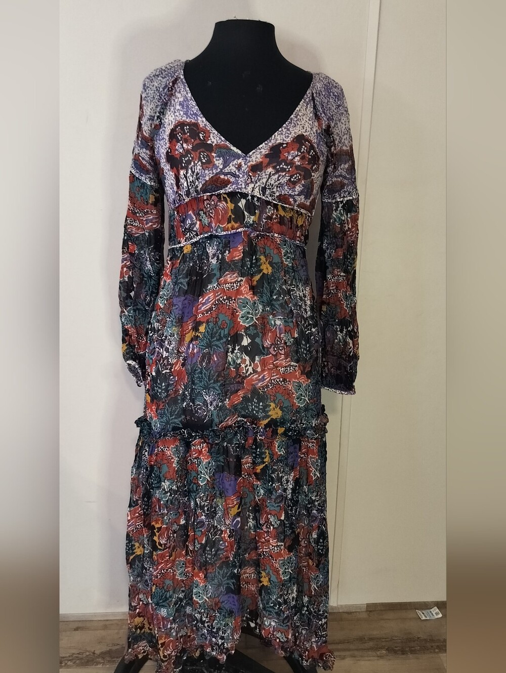 Maeve Floral Patchwork V-Neck Tiered Maxi Dress - Purple, Red, Green